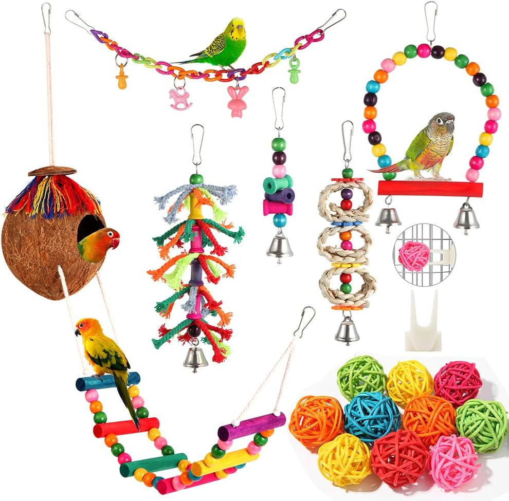 Parakeet Bird Parrot Toys Colorful Swing Chewing Hanging Toys with Bells Climbing Ladder Coconut Bird Cage for Small Cockatiels,Conures,Finches,Budgie,Macaws,Love Birds (PET-ONLY USE)