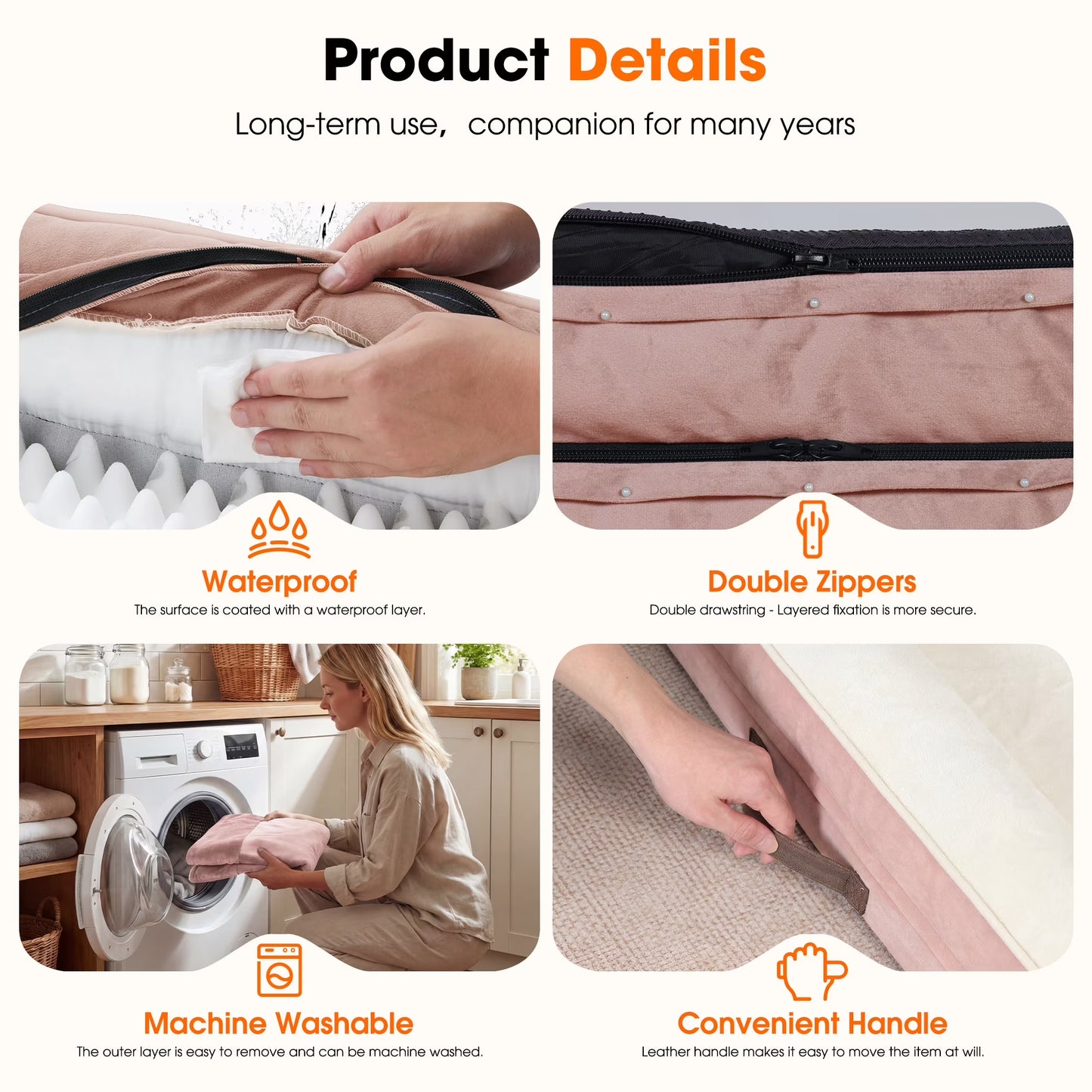 Extra Large Orthopedic Dog Bed Waterproof Pet Sofa Bed Four-Sided Bolster Cushion with Removable Washable Cover for Big Dogs Pink
