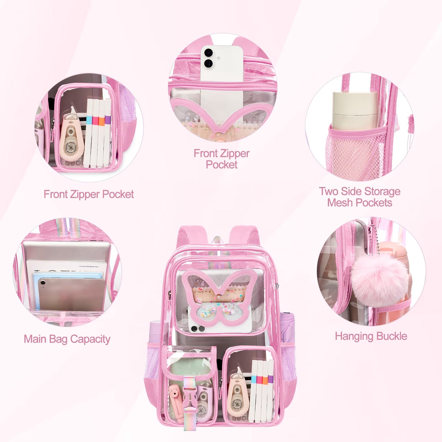 SANMADROLA Clear Backpack Heavy Duty Transparent Bookbag Teen Girlish Cute Bag Large Capacity See through Backpacks Stadium Approved Daypack for Middle School College Sport/Travel, Pink Butterfly