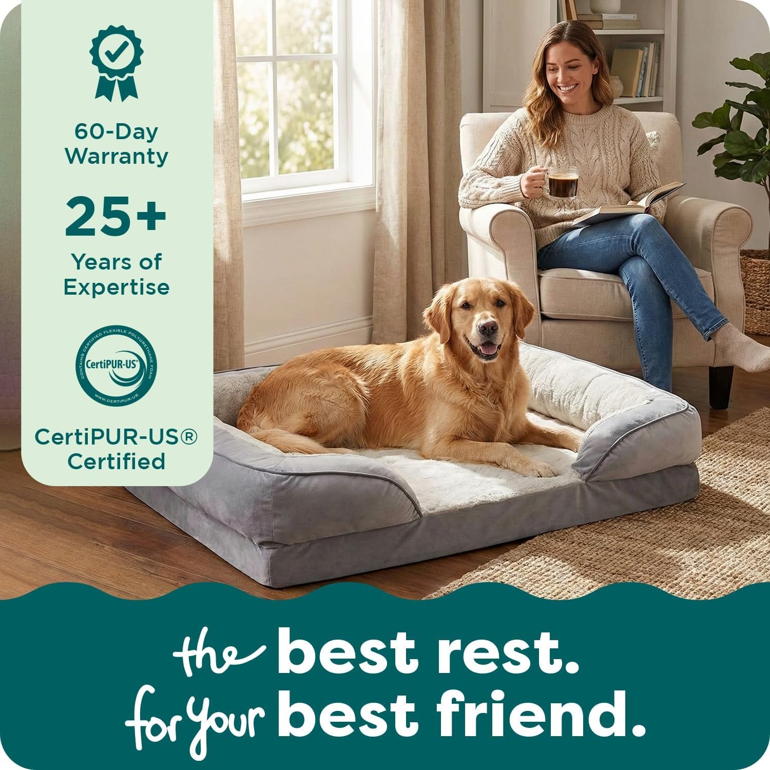 Furhaven Memory Foam Dog Bed for Large Dogs W/ Removable Bolsters & Washable Cover, for Dogs up to 95 Lbs - Plush & Velvet Waves Perfect Comfort Sofa - Brownstone, Jumbo/Xl