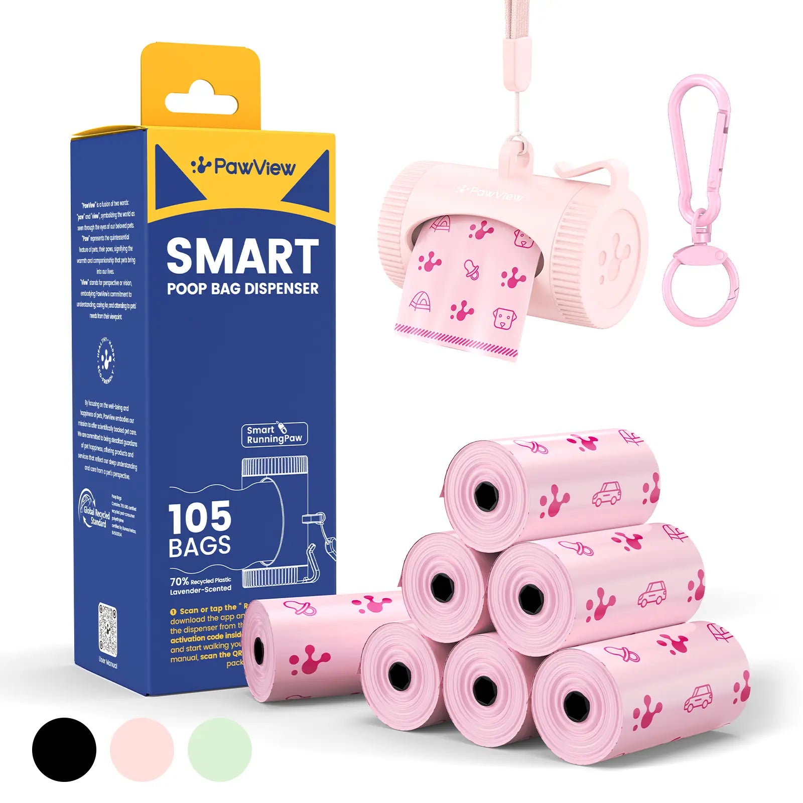 Pawview | Dog Poop Bag Dispenser with 7 Refills, Extra-Thick, Durable and Guaranteed Leakproof, Lavender Scented, Hands-Free Walking Set for Big and Small Dogs