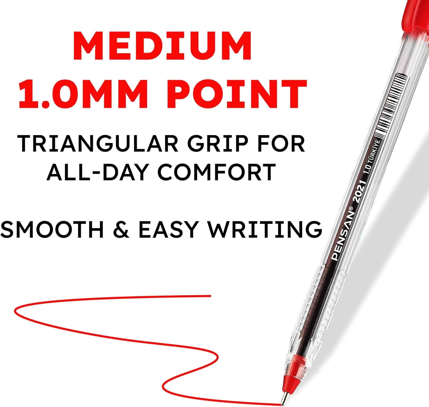 PENSAN Red Ballpoint Pens,1.0 Mm Medium Point, Red Pens, Ergonomic Triangle Grip, 50-Count Pack of Bulk Pens