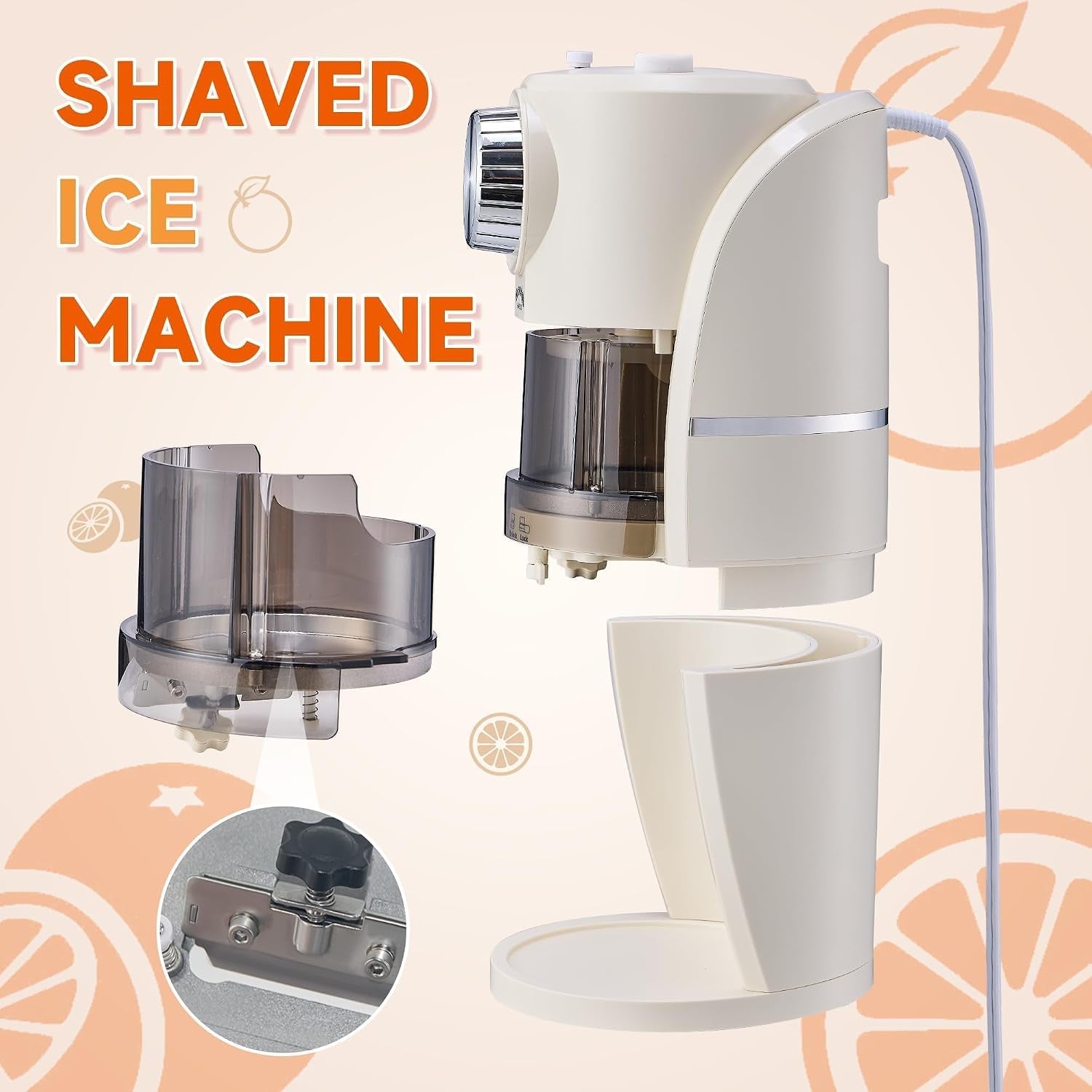 Snow Cone Machine - Shaved Ice Machine Equipped with Stainless Steel Blade Adjustment Knob to Freely Adjust the Thickness of the Snowflakes and 2 Reusable Plastic Ice Mold Cup (White)