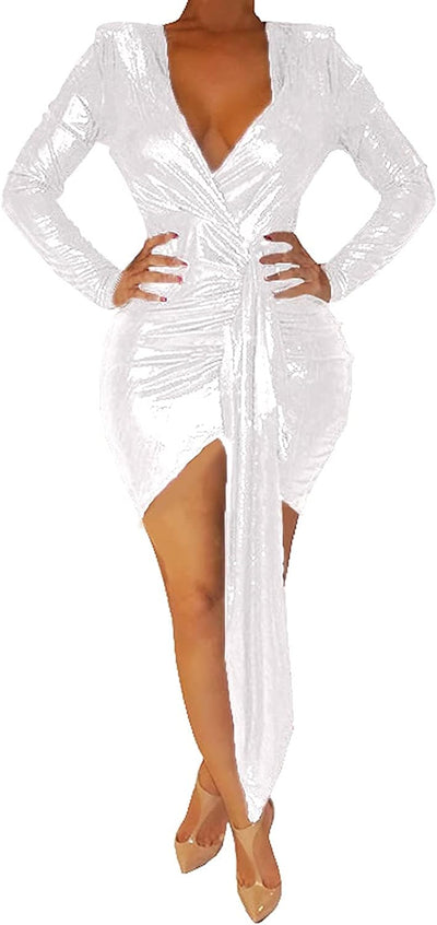 Bestgirl Women'S Sexy Dress Deep V Neck Long Sleeve Ruched Sparkly Bodycon Club Mini Dresses