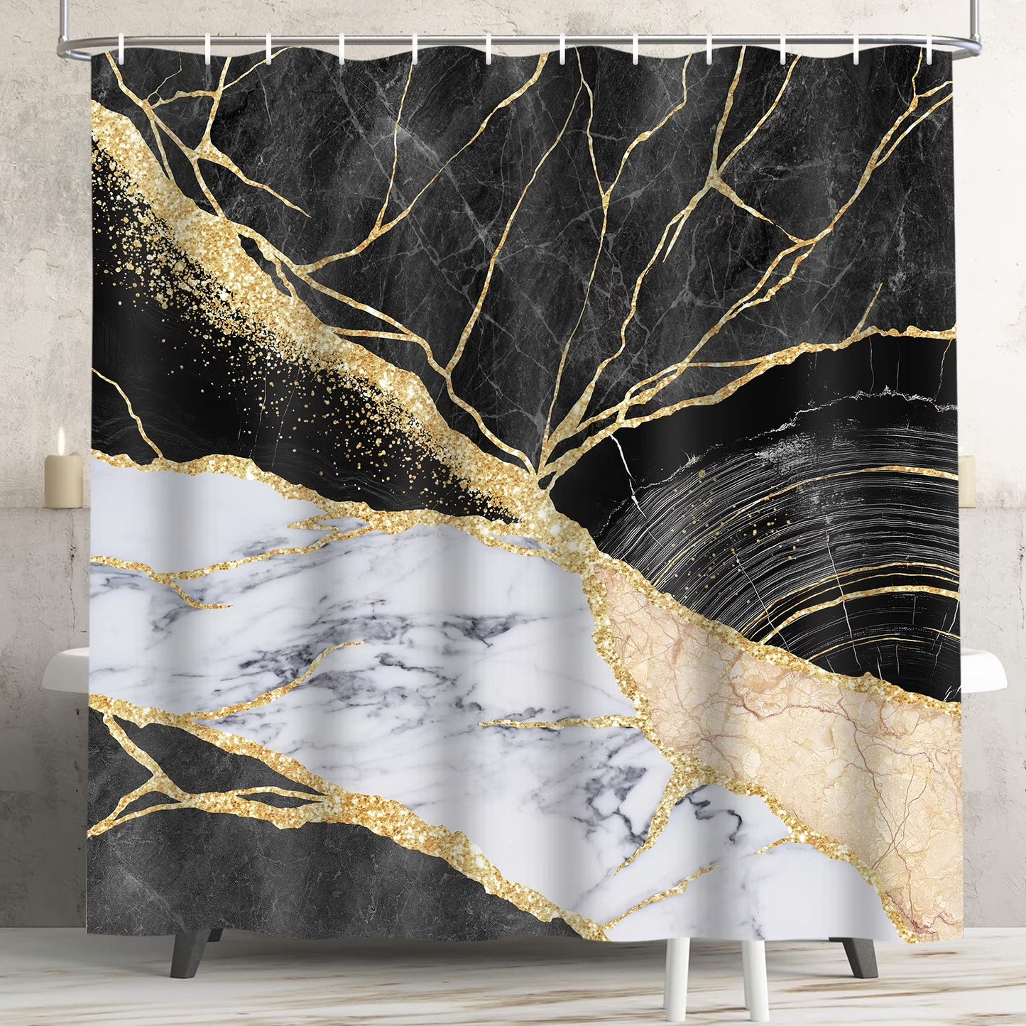 FRAMICS Black Gold Marble Shower Curtain Sets with Rugs, 16 Pc Modern Abstract Bathroom Sets, Waterproof Fabric Bathroom Curtain Decor with Hooks