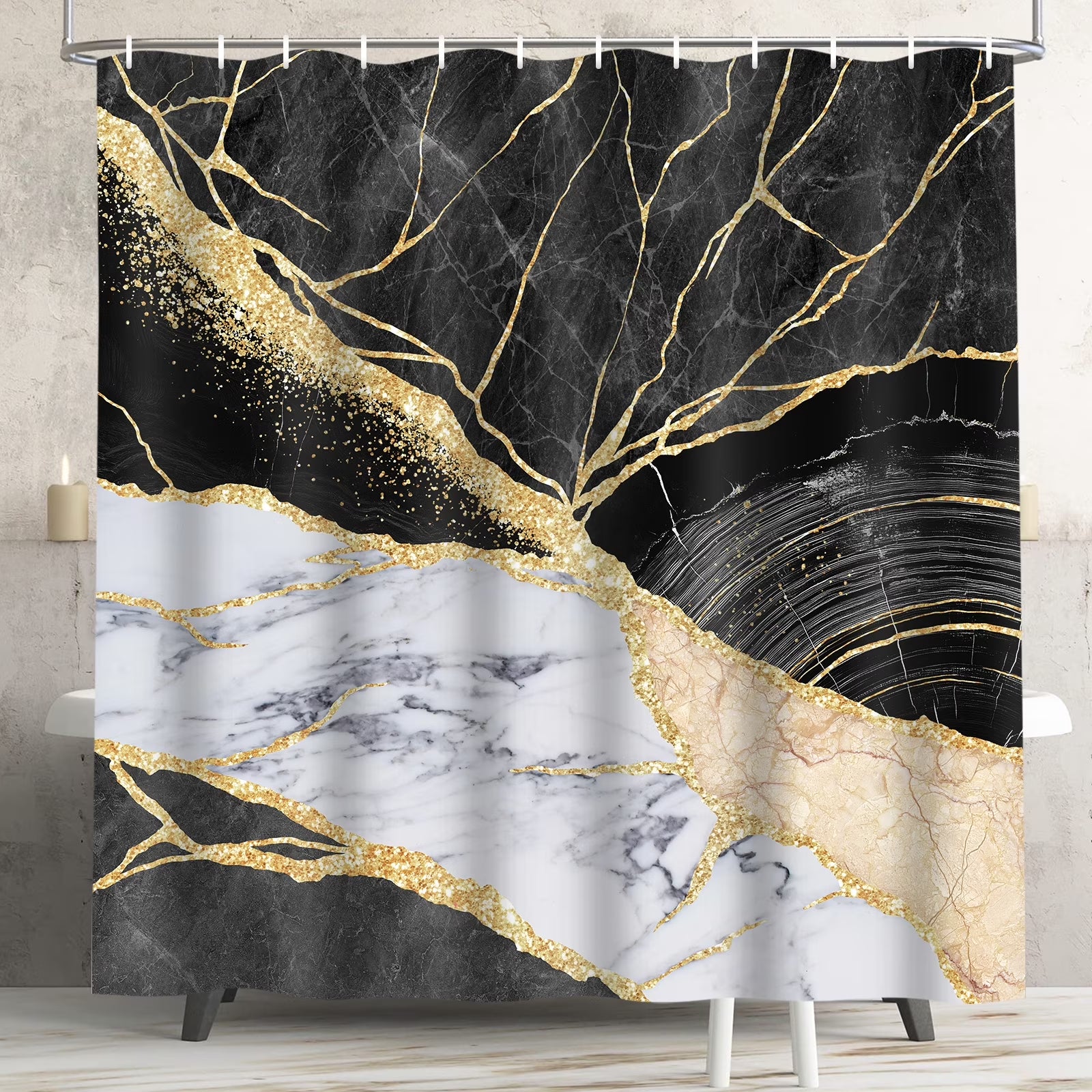 FRAMICS Black Gold Marble Shower Curtain Sets with Rugs, 16 Pc Modern Abstract Bathroom Sets, Waterproof Fabric Bathroom Curtain Decor with Hooks