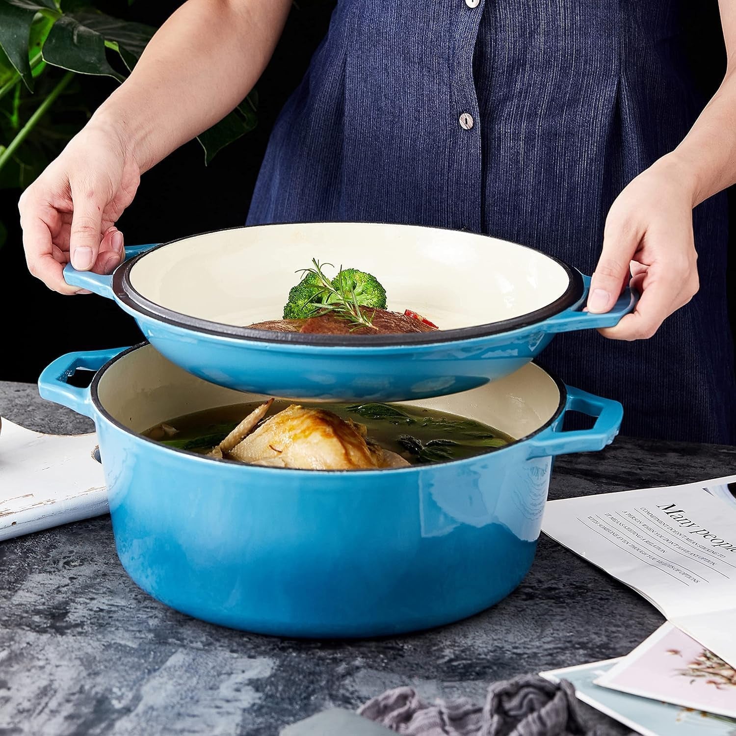 Bruntmor 2-In-1 Enamel Cast Iron Dutch Oven with Handles - Crock Pot Blue Cast Iron Pot with Skillet Lid - All-In-One Cookware Braising Pan for Casserole Dish - 7 Quart, Blue