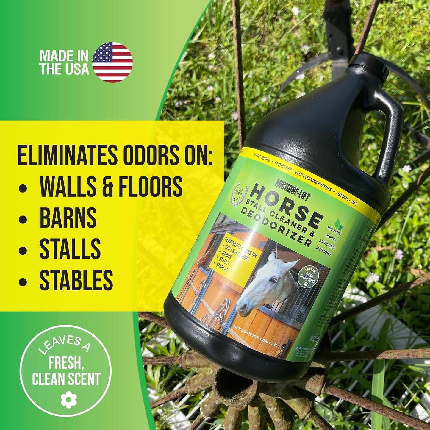 MICROBE-LIFT Horse Stall Cleaner and Deodorizer for Use in Stables, Barns, Use on All Surfaces and Supplies, Highly Concentrated and Safe Formula, Fresh Clean Scent, 1 Gallon