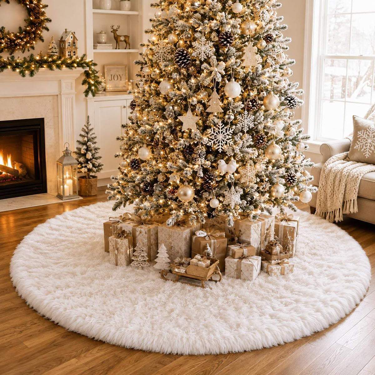 Christmas Tree Skirt, 60” Large White Tree Skirts with Soft Faux Fur Plush for Christmas Tree Decorations, White Christmas Tree Skirts Xmas Decorations for Indoor Holiday Party Decor