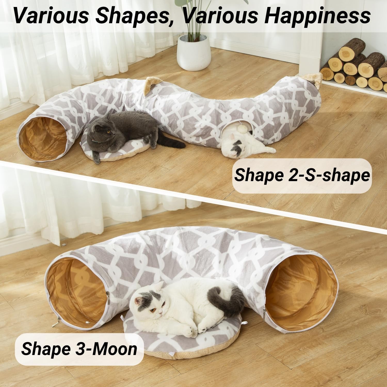 LUCKITTY Large Cat Tunnel Bed under Christmas Tree with Fluffy Toy Balls, Small Cushion and Flexible Design- 10 Inch Diameter, 3 Ft Length- Great for Cats, and Small Dogs, Gray Geometric Figure