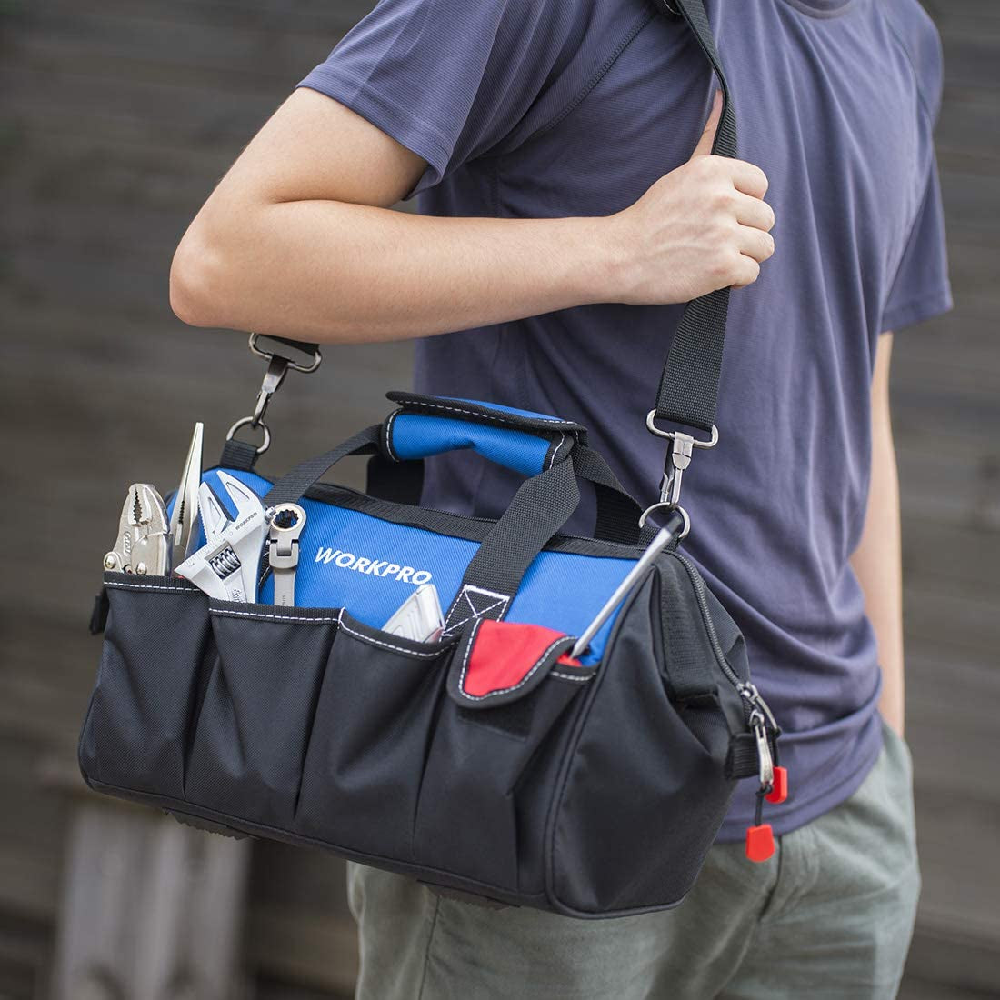 WORKPRO 14-Inch Tool Bag, Multi-Pocket Tool Organizer with Adjustable Shoulder Strap