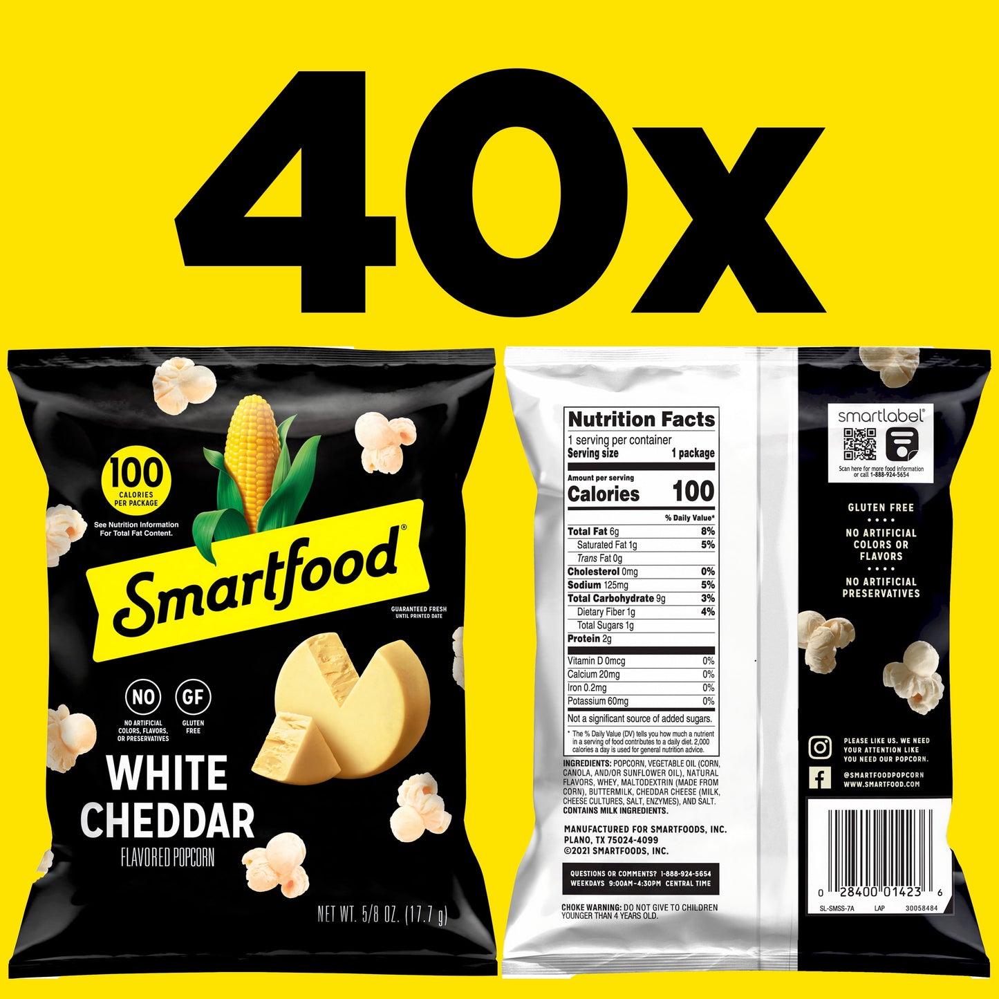 Smartfood Gluten Free, No Artificial Colors White Cheddar Popcorn Bag, 0.625 Oz (40 Pack)​