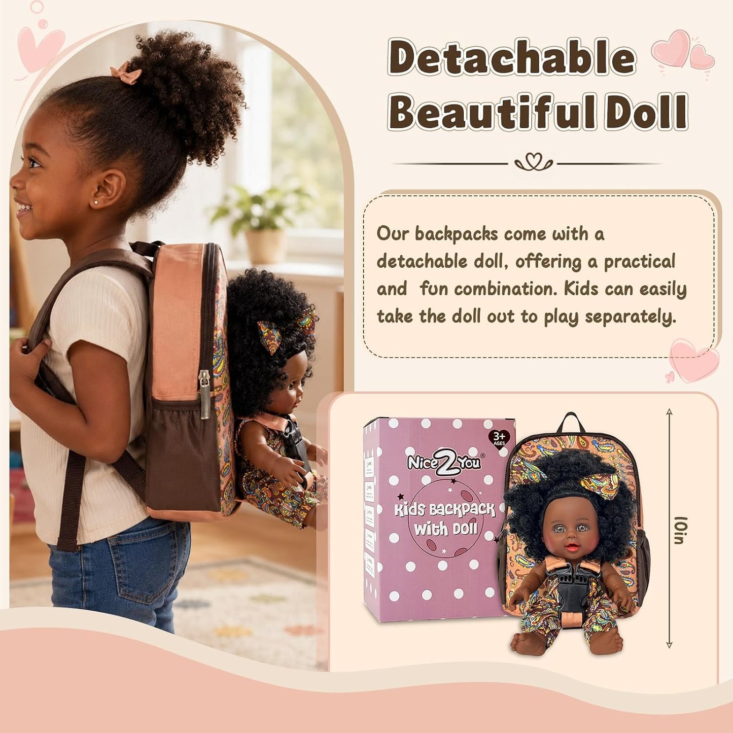 Nice2You Black Baby Doll in Take along Backpack Carrier, 10In American African Girl Doll for Toddlers and Kids Aged 3+ Year Old, Backpack for Baby Doll Accessories Storage