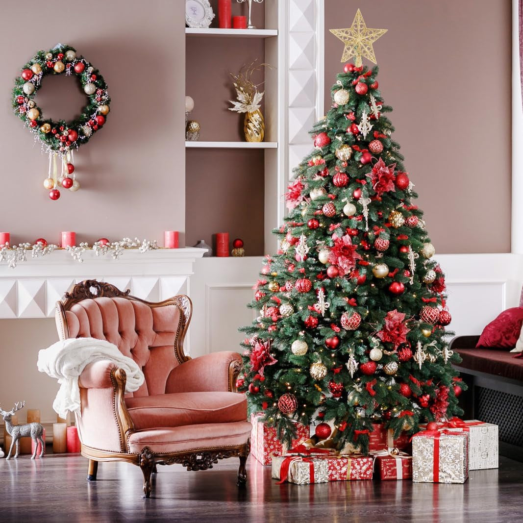 KTKDE 7.5Ft Artificial Christmas Tree Is a Green One with 1450 Tips and 200 Battery-Powered LED Columns. It Features 7.87-Inch Golden Five Pointed Star and Is Perfect for Family and Office Gatherings