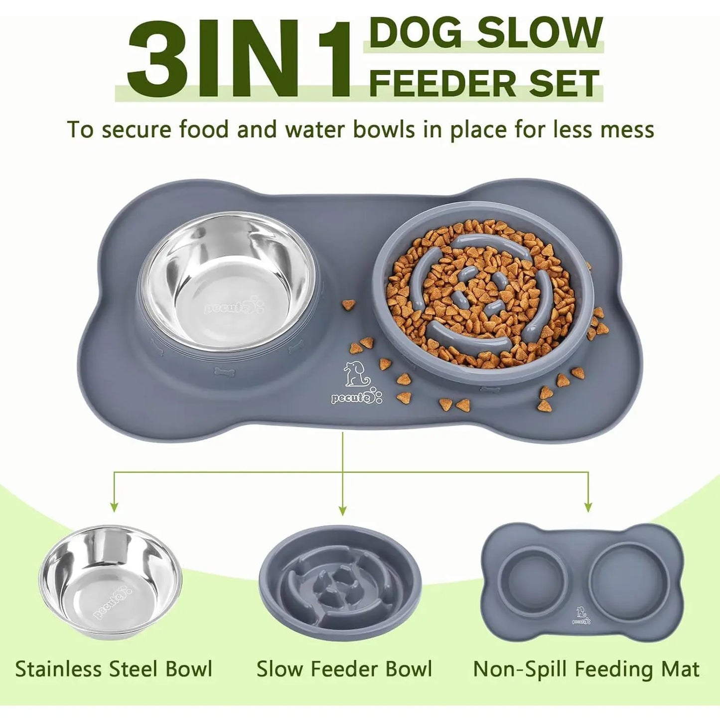 Pecute Slow Feeder Dog Bowls to Slow down Eating, Dog Bowl Slow Feeder with No-Spill Non-Skid Silicone Mat, Food-Grade Safe Dog Food Bowls Slow Feeder, Stainless Steel Dog Water Bowl for Dogs Cats