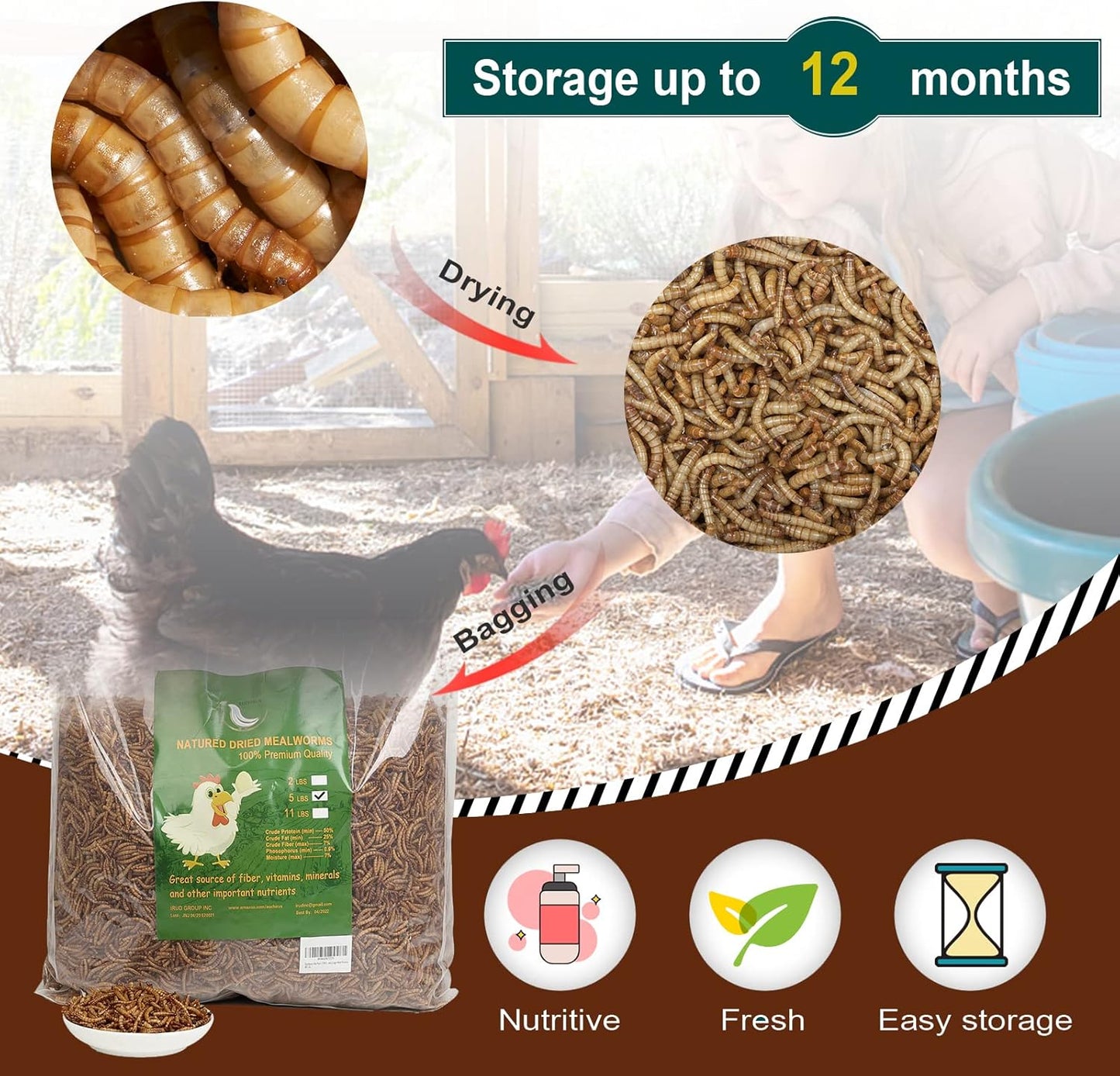 Non-Gmo High-Protein Large Dried Mealworms for Chickens, Natural Grubs and Poultry Treats as Chicken Feed,Duck Food, Wild Birds Seed,Fish Food,Reptile Food,Amphibian Food(Mealworms-2Lb)
