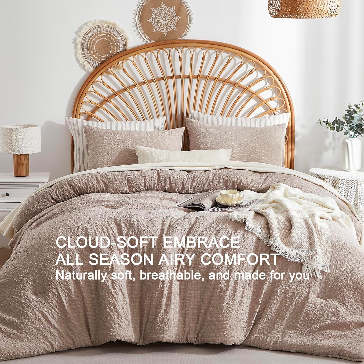 Brown Boho Seersucker Comforter Set King Size,Textured Lightweight Breathable Bedding 1 Comforter& 2 Shams