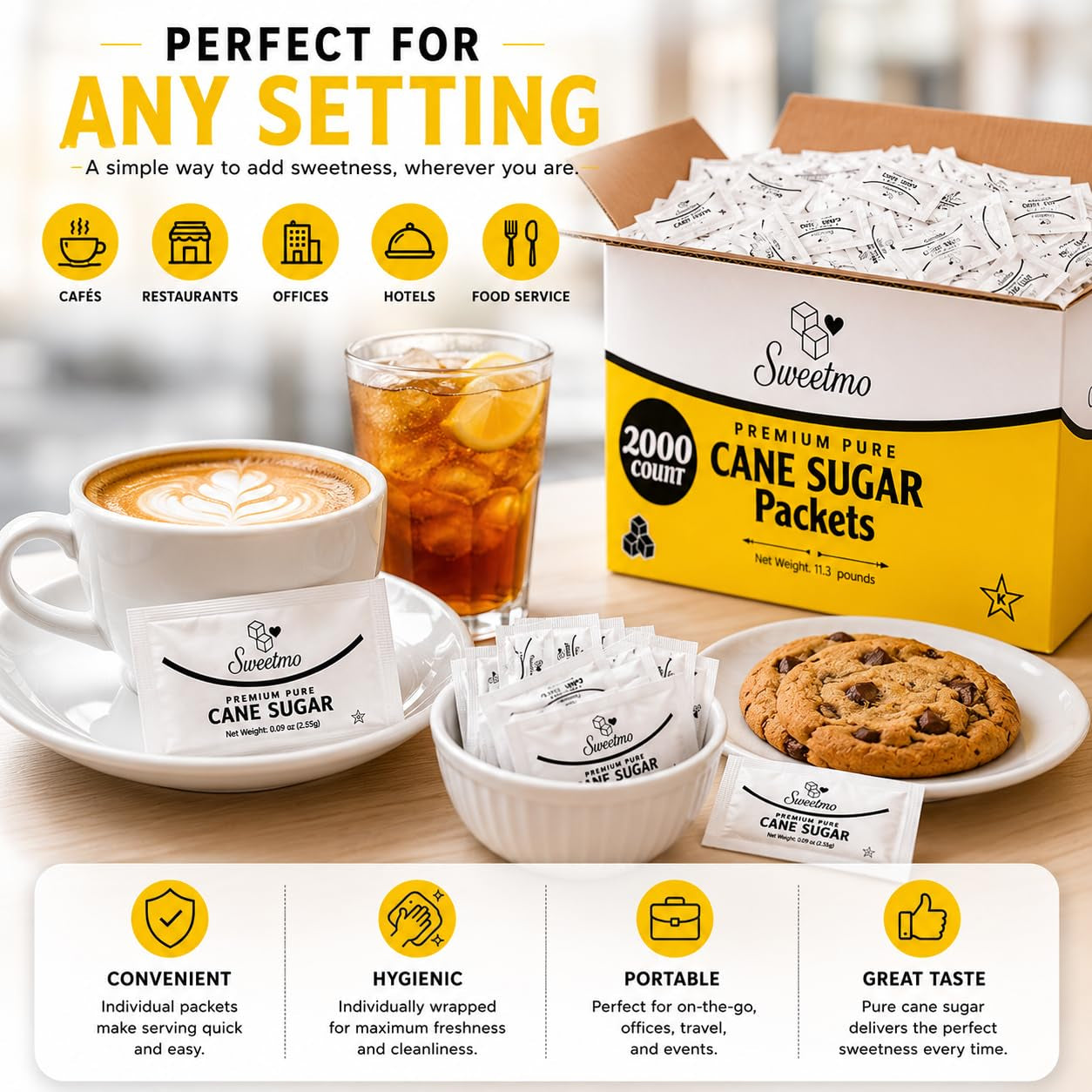 Sweetmo Sugar Packets 2000 Count – Pure Cane White Granulated Sugar Packets, Individual Wrapped, Bulk Packets for Coffee, Restaurants, Office, Cafés & Food Service