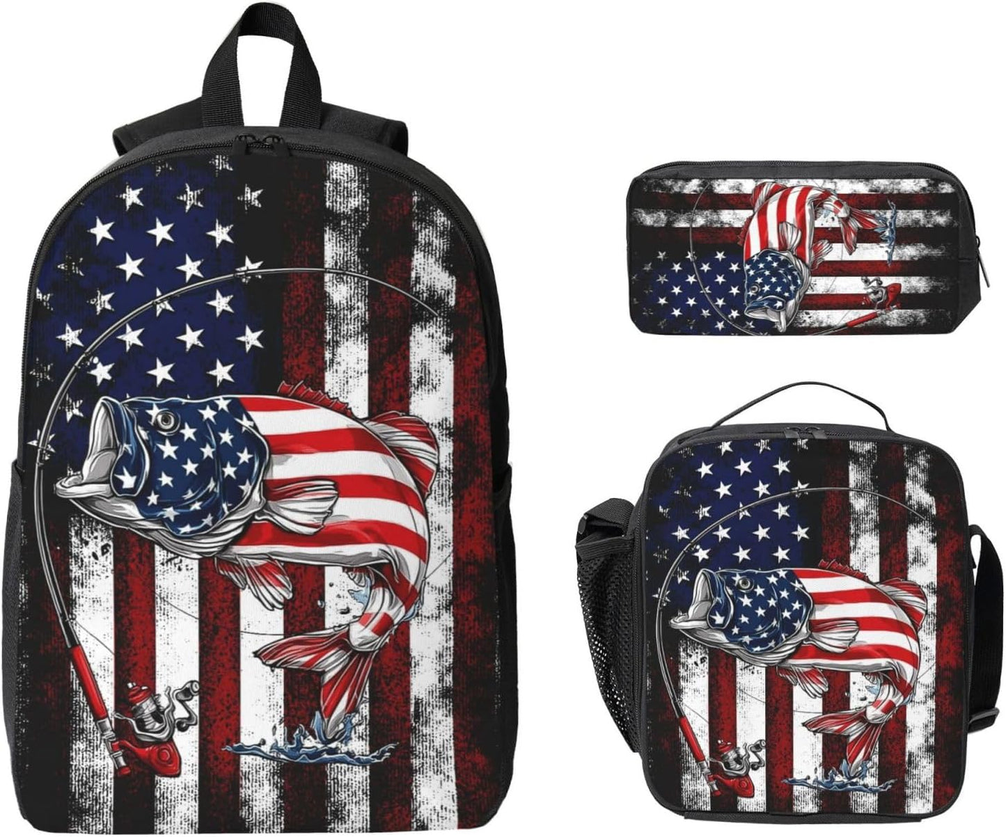 USA Fish Kid Backpack Set with Lunch Bag & Pencil Case Large Capacity School Bag 17 Inch Bookbag for Boy Girl
