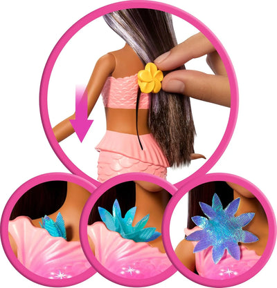 Mermaid Toy Dolls with Surprise Magic Blooming Flowers Feature, Ombre Tails, Pearl Headband Accessory & Long Brown Hair with Purple Highlights