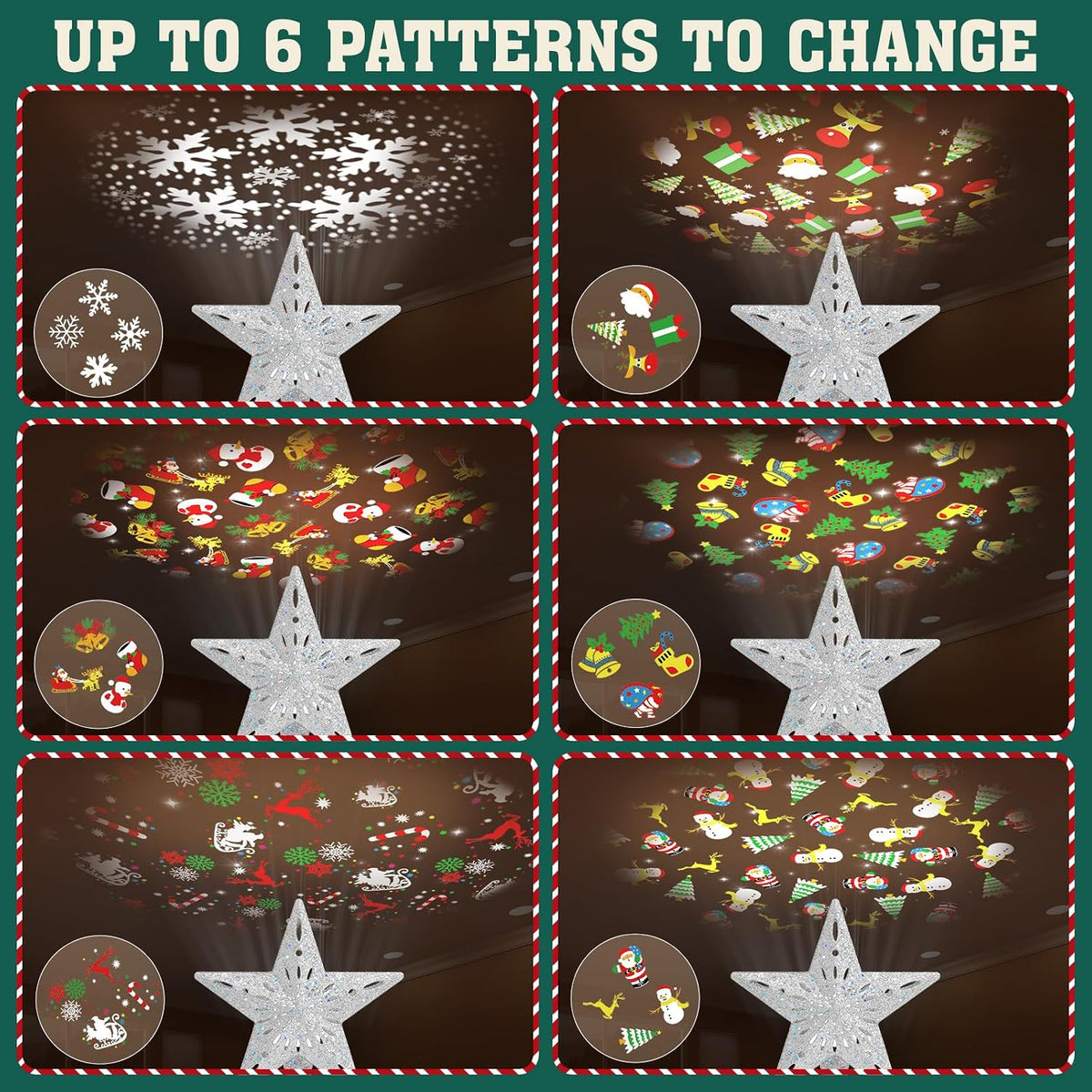 Christmas Tree Topper Lighted with 6 Patterns Projector, Christmas Tree Star Topper Built-In 3D Glitter LED Rotating Lights, Silver Tree Topper Christmas Decoration for Xmas Party Holiday