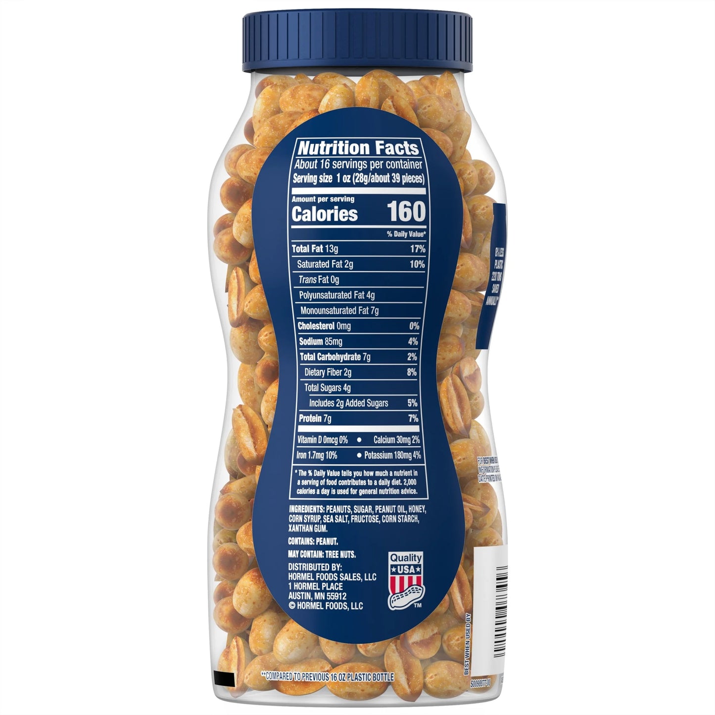 (4 Pack) PLANTERS Honey Roasted Peanuts, Party Snacks, Plant-Based Protein, 16 Oz Jar