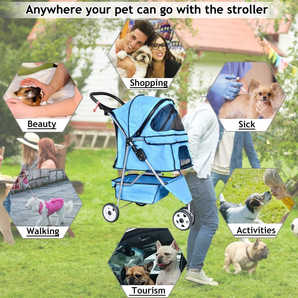 Dkeli 3-Wheel Pet Stroller, Lightweight Foldable Dog Stroller for Small Medium Dogs & Cats, Breathable Mesh & Weather Cover with Storage Basket, for Daily Walk Outdoor Travel (Blue)