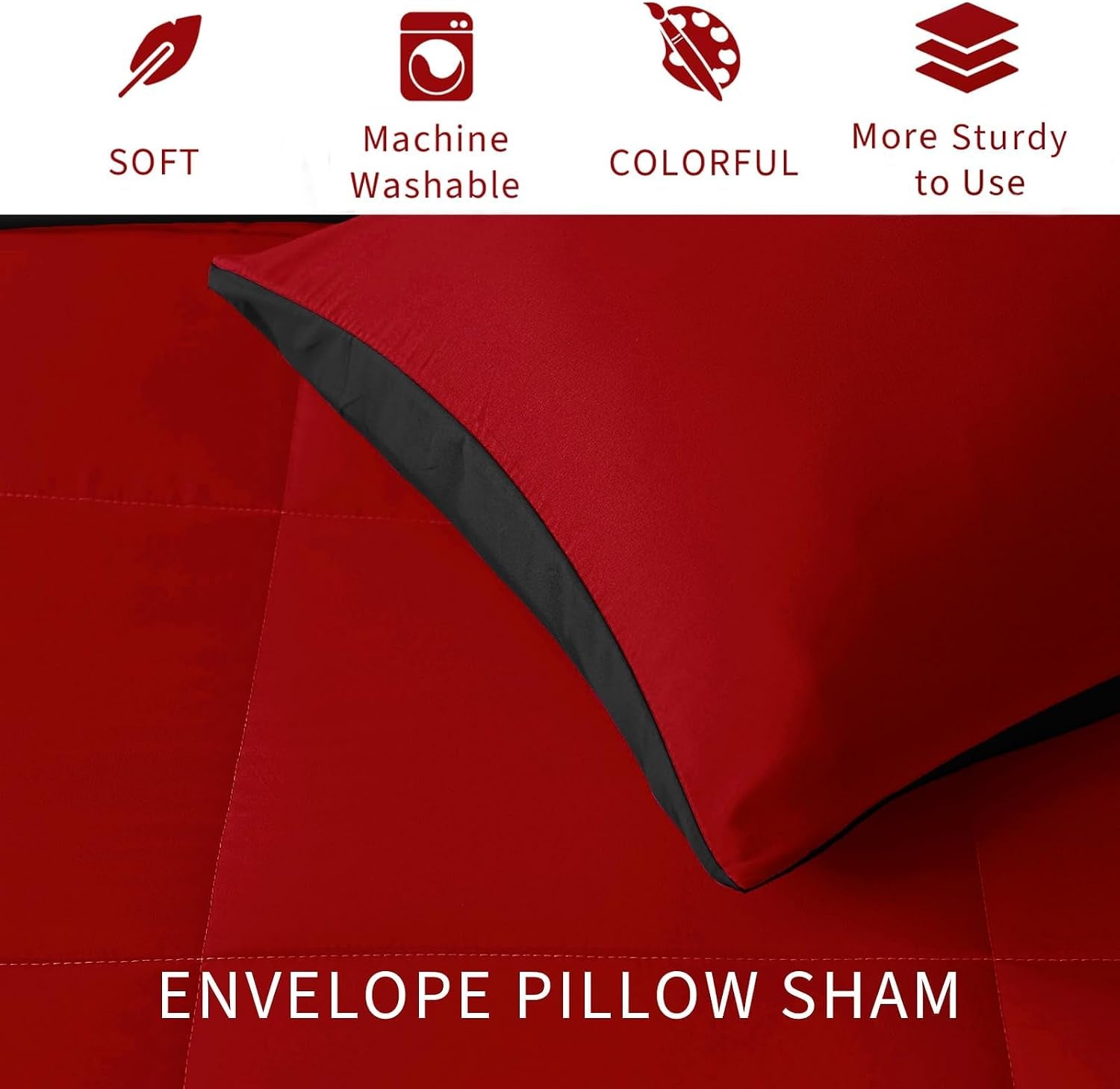 Exclusivo Mezcla Lightweight Reversible Queen Size Comforter Set, down Alternative Comforter with 2 Pillow Sham, Queen Size Bedding Set for All Seasons, Red/Black