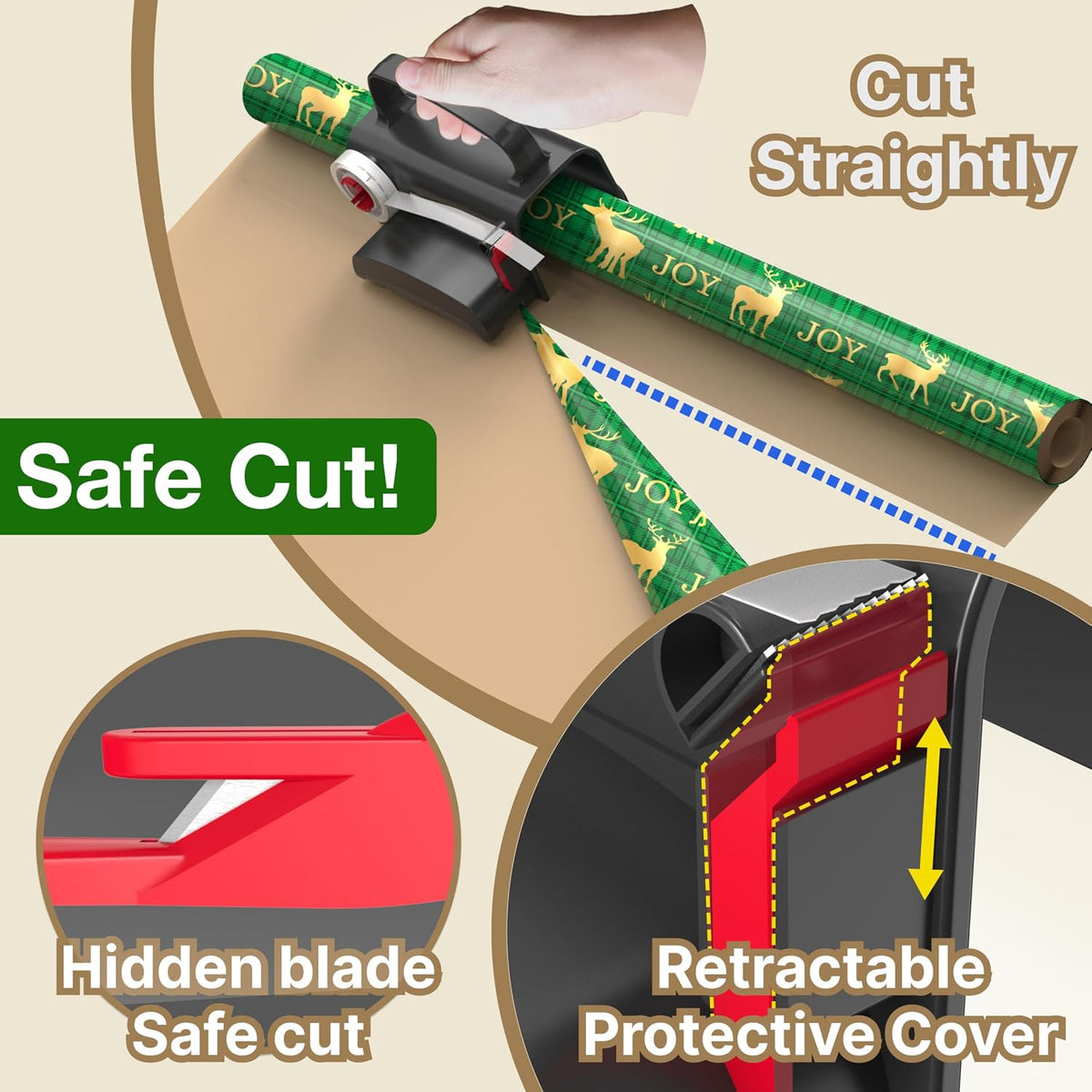 Wraprocut (2-Pack) Wheel Wrapping Paper Cutter & Tape Dispenser with 4 Tapes，2 Replace Blades Kit for Christmas Gift Wrap Cutter Tool Paper Roll Holder Tube Sliding Slicing for Birthday Holiday.
