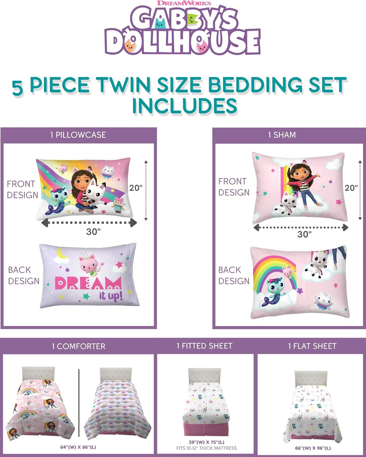 Gabby'S Dollhouse Kids Twin Size Bedding, 5 Piece Super Soft Cozy Reversible Comforter and Sheet Set with Sham, (Officially Licensed Product) by Franco