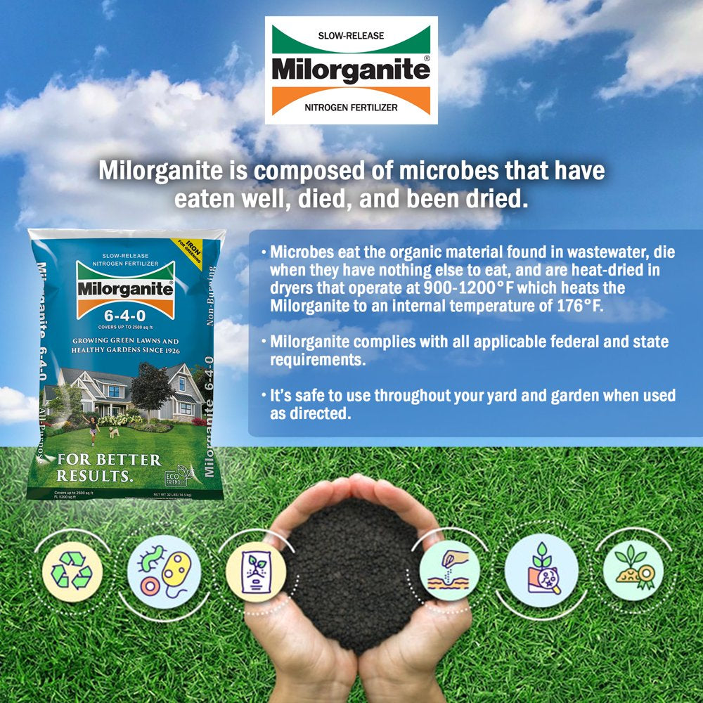 Milorganite Long Lasting All Purpose Lawn Food, 6-4-0 Fertilizer, 32 Lb.