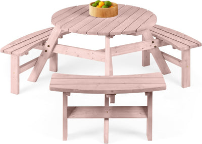 Best Choice Products 6-Person Circular Outdoor Wooden Picnic Table for Patio, Backyard, Garden, DIY W/ 3 Built-In Benches, 500Lb Capacity - Rose Quartz