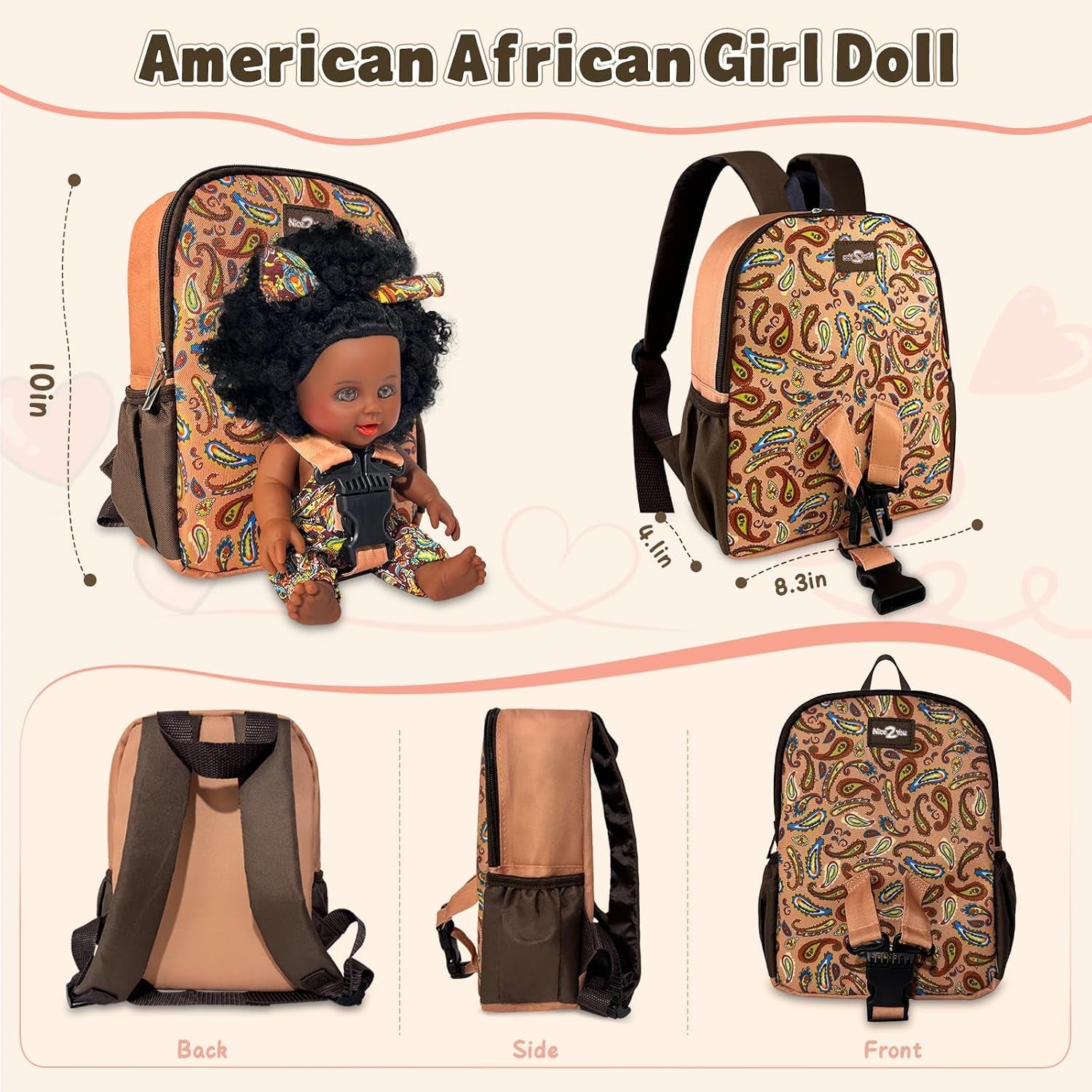 Nice2You Black Baby Doll in Take along Backpack Carrier, 10In American African Girl Doll for Toddlers and Kids Aged 3+ Year Old, Backpack for Baby Doll Accessories Storage