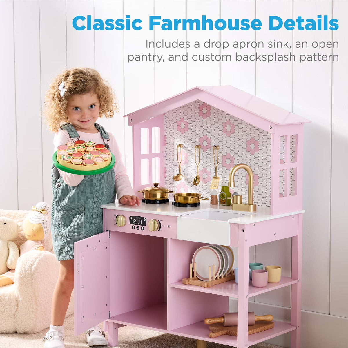 Best Choice Products Pretend Play Wooden Farmhouse Kitchen Set W/ Storage, Clicking Knobs, 5 Accessories - Rose