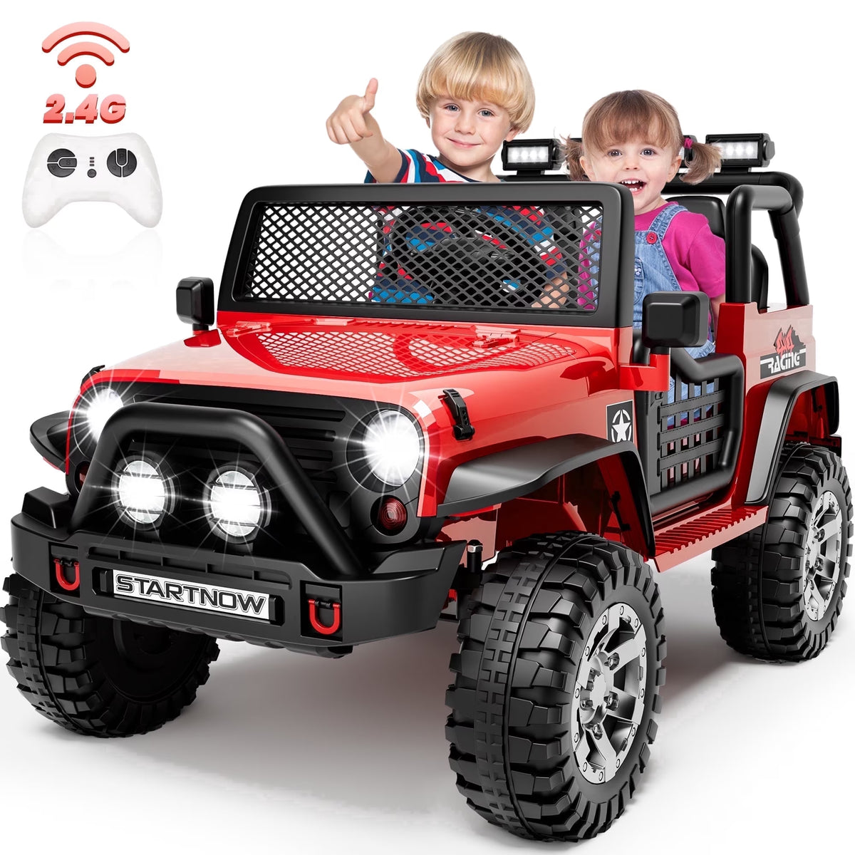 Joyracer 24V 2 Seater Kids Ride on Truck with Remote Control, 4×200W Motor, Electric Battery Powered Toys Car W/ 4 Wheels Spring Suspension, 3 Speeds, LED Lights, Bluetooth Music, Red