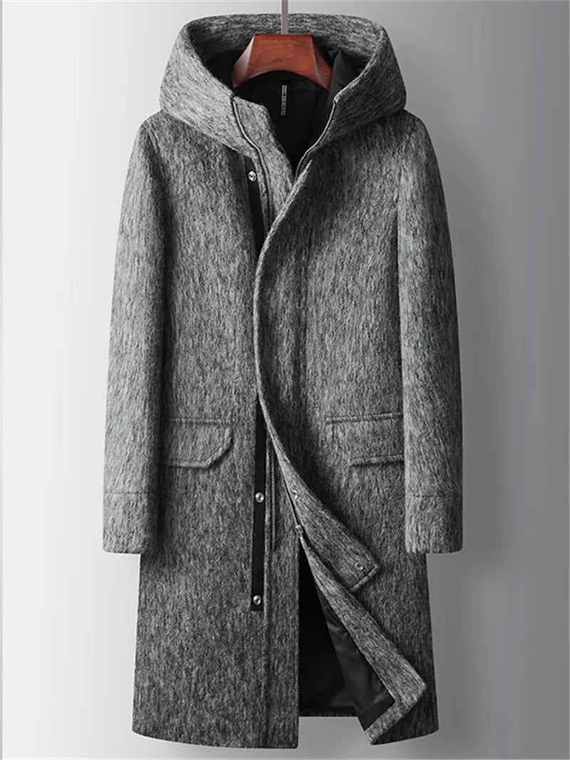 High Quality Woolen Coats Men Autumn Winter Long Hooded Wool Trench Coats Male Thick Warm Solid Business Casual Outwear Coat Man