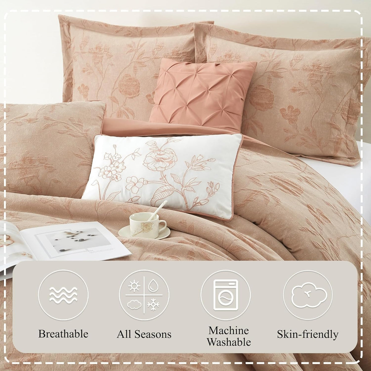 Stratford Park Floral Blush Comforter Set, Cotton Blend Jacquard Bedding Set, 7 Piece California King Size Bedding, Matching Bedskirt, Pillows, Shams