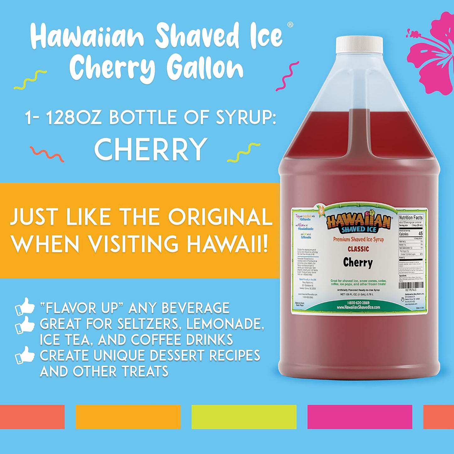 Hawaiian Shaved Ice Syrup, Cherry, Gallon