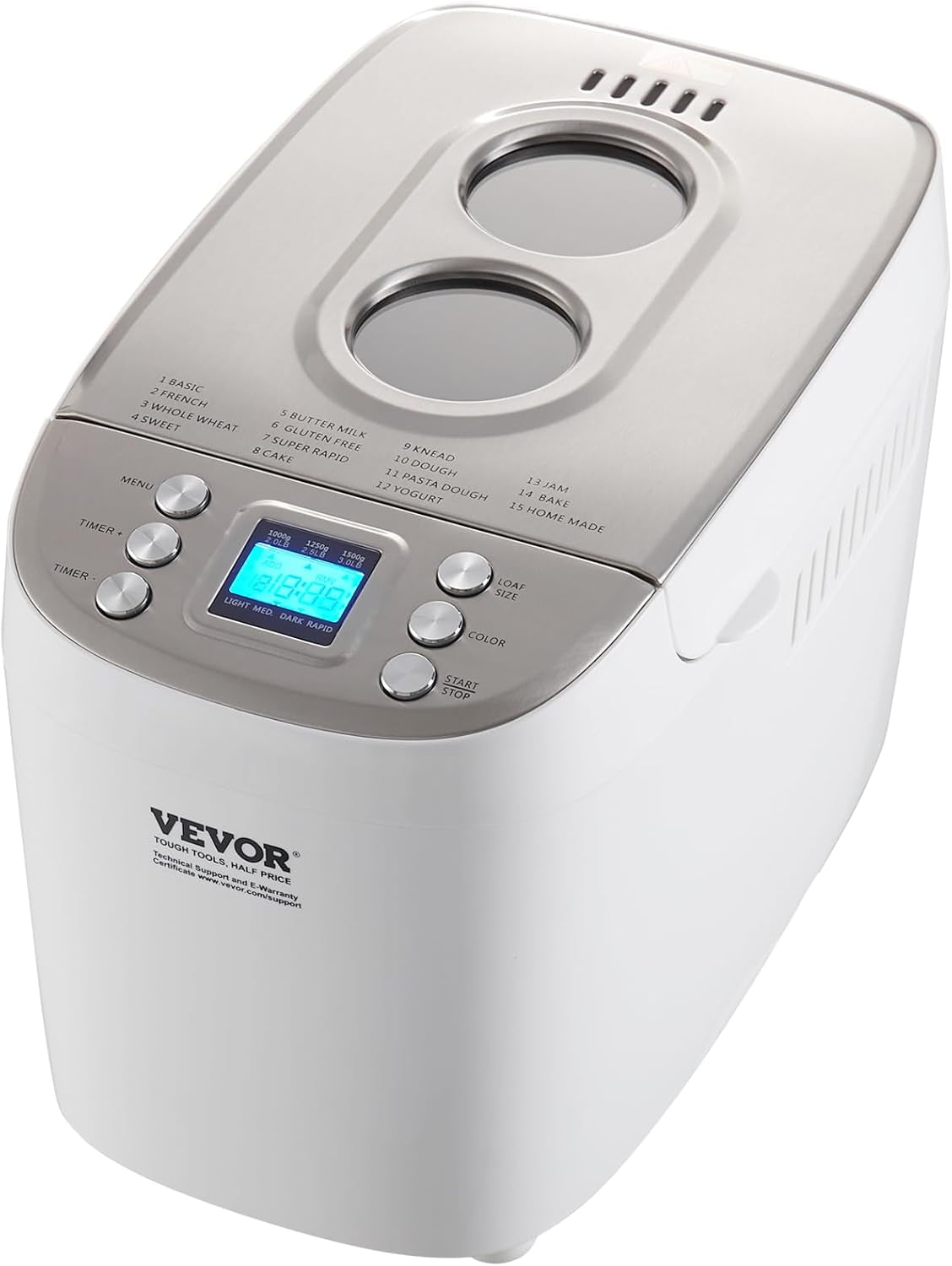 VEVOR Bread Maker, Dough Machine 15 Menus in 1, Non-Stick Ceramic Pan Automatic Breadmaker with Non-Gluten Setting, Whole Wheat Bread Making, Digital, Programmable, 3 Loaf Sizes, 3 Crust Colors, White