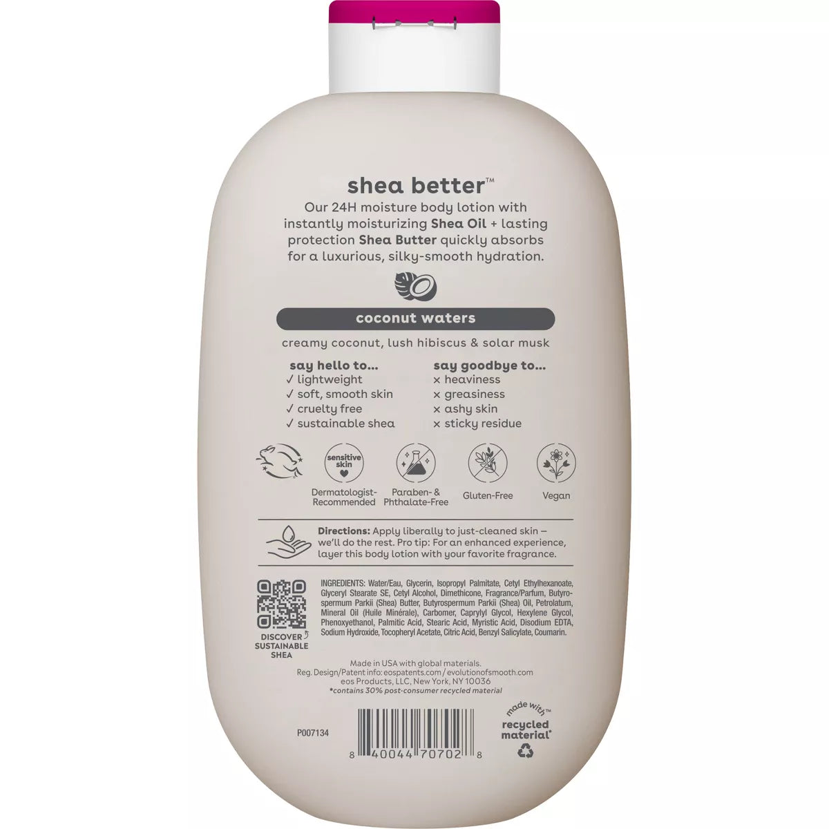 Eos Shea Better 24H Moisture Body Lotion - Coconut Waters - 16 Fl Oz: Hypoallergenic, Paraben-Free, Whole Body
