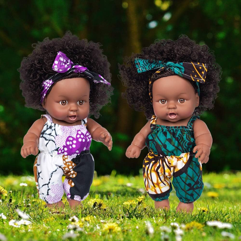 Ecore Fun 2 Pcs 8 Inch Black Baby Doll with Clothes and Accessories | African Washable Realistic Silicone Baby Dolls with Clothes and Hairband Pretend Play Age 3+