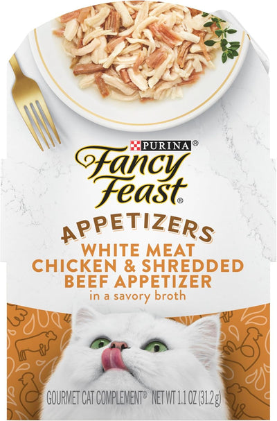 Purina Fancy Feast Appetizers Lickable Grain Free Cat Food Topper White Meat Chicken and Shredded Beef Appetizer - (Pack of 10) 1.1 Oz. Trays