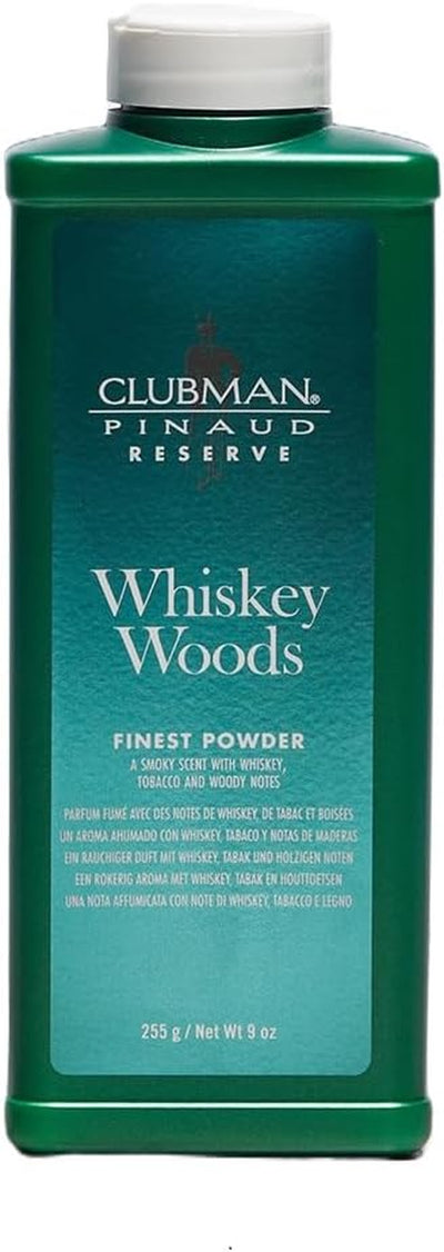 Clubman Reserve Whiskey Woods Finest Powder – Classic Men’S Body Powder for Men, Moisture & Odor Control, Barbershop Whiskey Wood Scent, 9 Oz