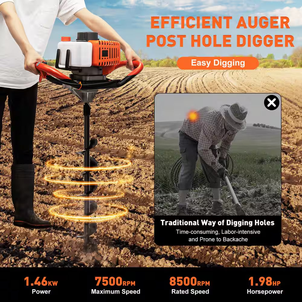 52 Cc Gasoline Engine Single-Cylinder 2-Stroke Post Hole Digger with 4 In./6 In./8 In. Bits