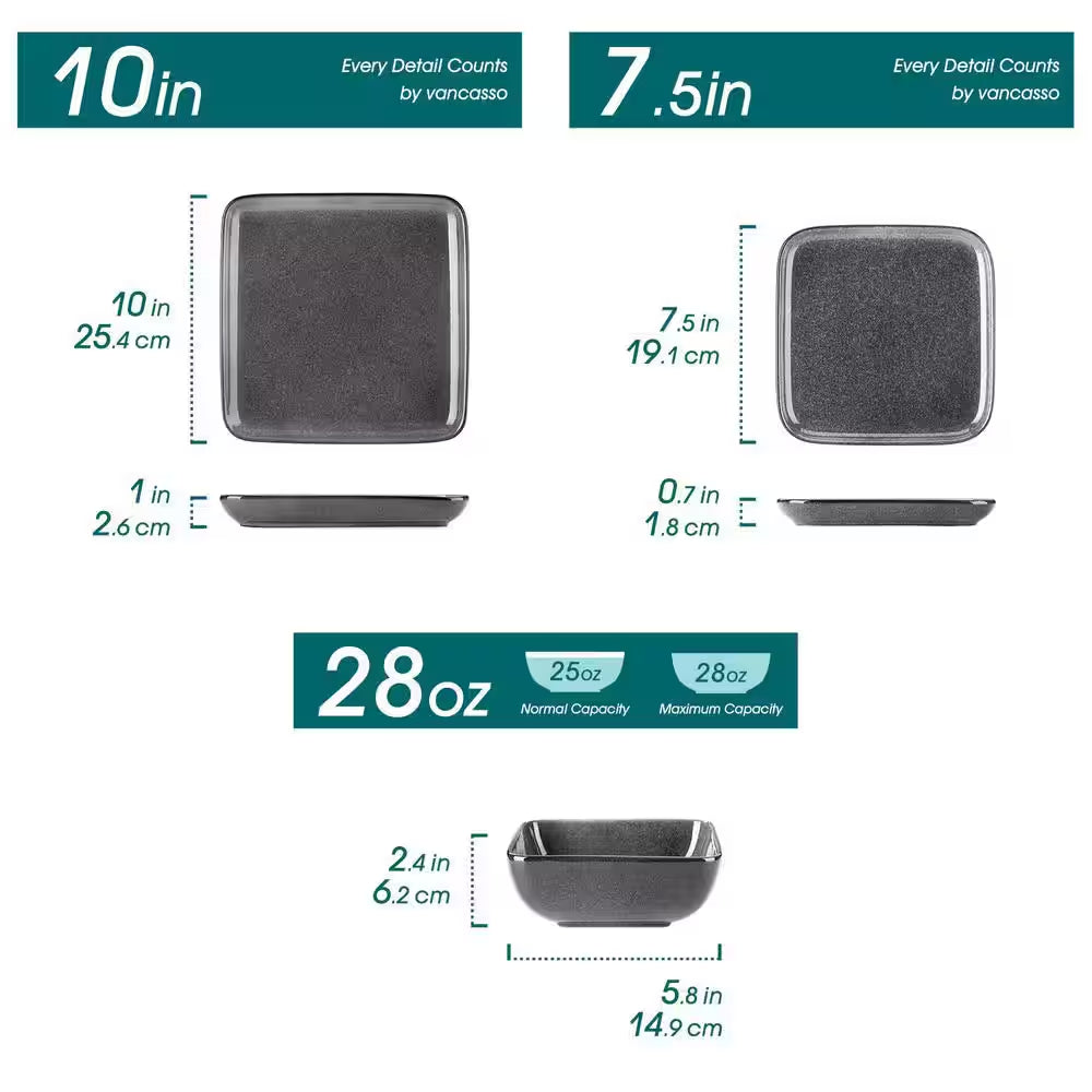 12-Piece Gray Stoneware Dinnerware Set Bowls and Plates Set Service for 4