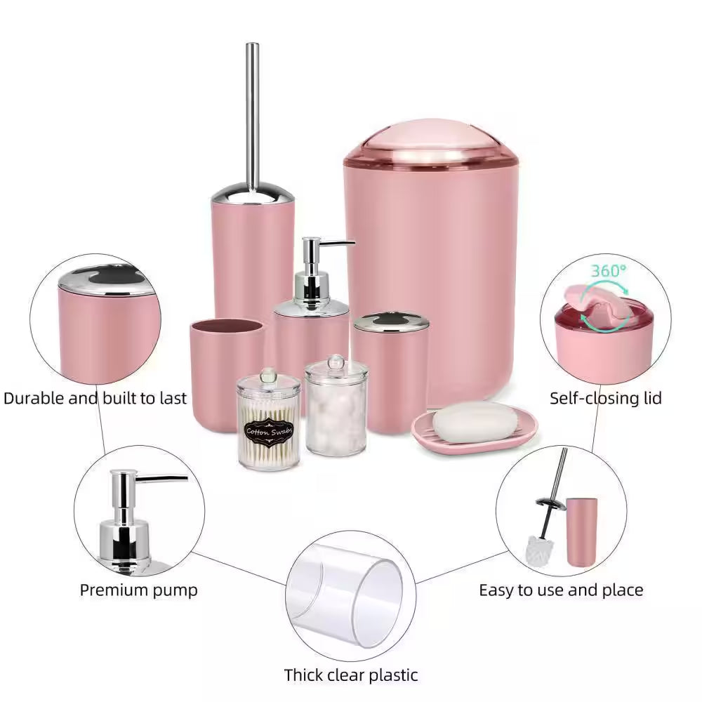 8-Piece Bathroom Accessory Set with Trash Can,Soap Dish,Toothbrush Holder,Cup,Toilet Brush Holder in Pink with Labels