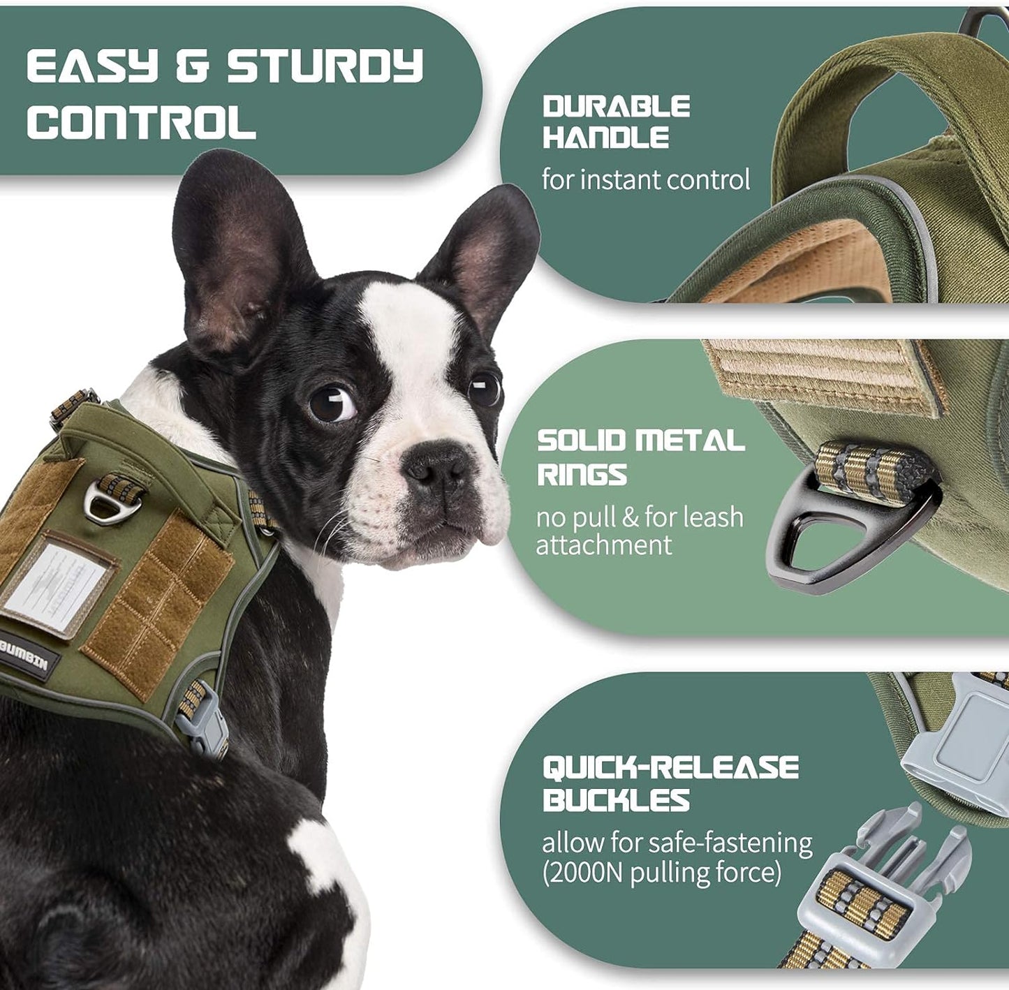 BUMBIN No Pull Tactical Dog Harness for Medium Dogs - Adjustable, Reflective, and Comfortable Vest for Training and Outdoor Adventures in Green