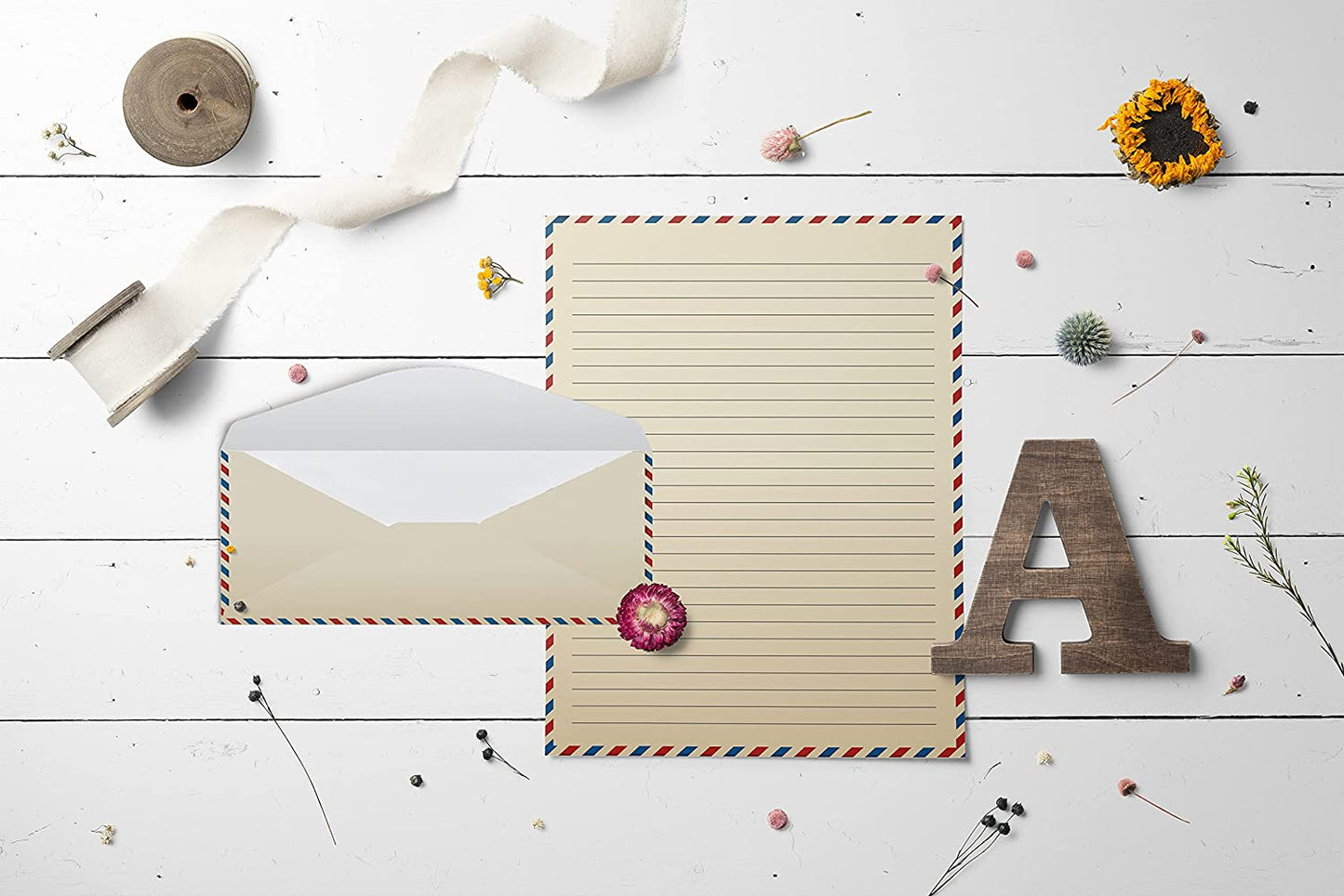 Better Office Products Vintage Airmail Stationery Paper Set, 100-Piece Set (50 Lined Sheets + 50 Matching Envelopes), Letter Size 8.5 X 11 Inch, Double Sided & Lined Paper,