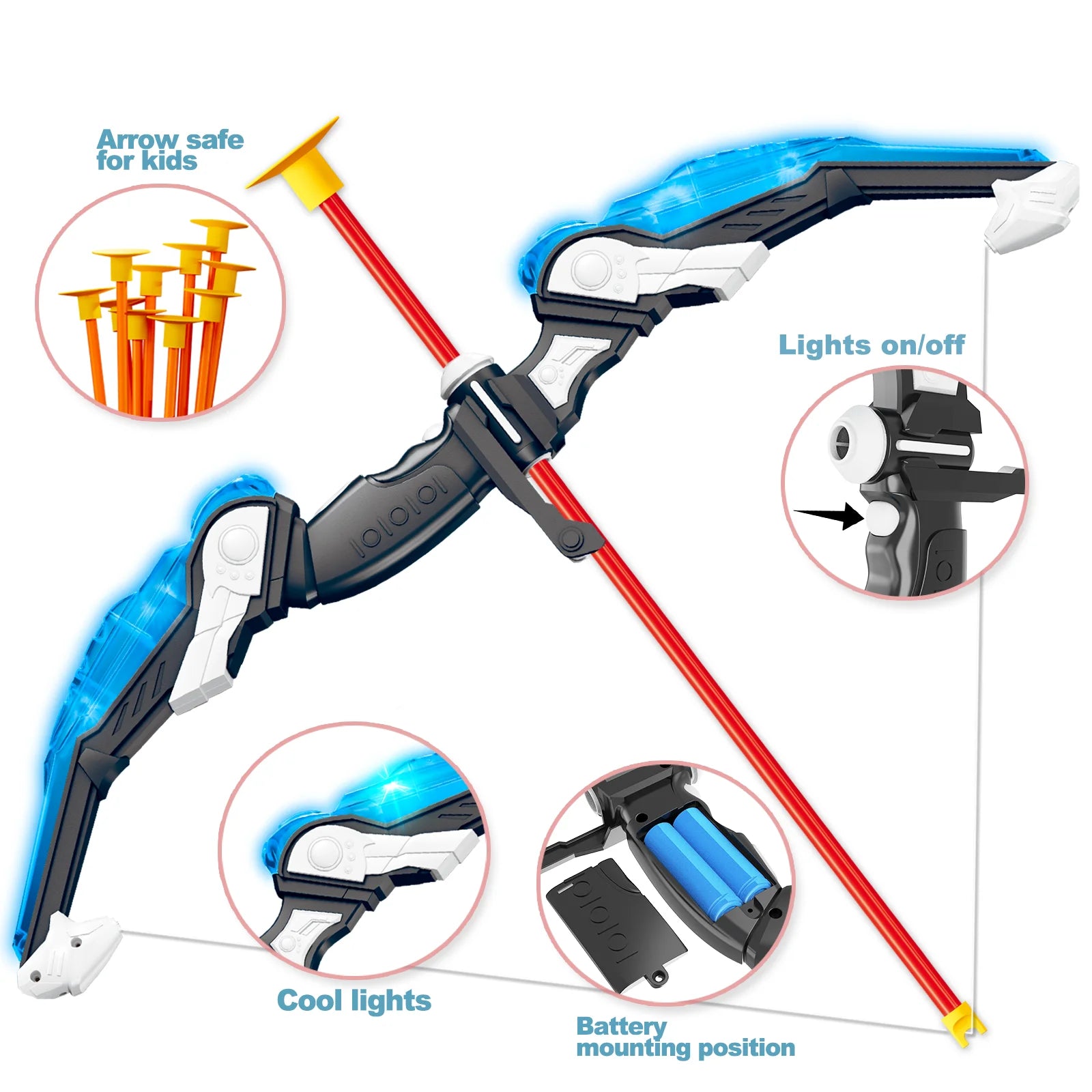 LED Bow and Arrow for Kids Light up Archery Toy Set with 10 Suction Cup Arrows 3 Target & Quiver Indoor Outdoor Garden Toys for Boys and Girls Blue