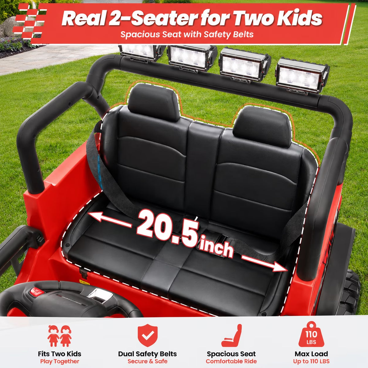 Joyracer 24V 2 Seater Kids Ride on Truck with Remote Control, 4×200W Motor, Electric Battery Powered Toys Car W/ 4 Wheels Spring Suspension, 3 Speeds, LED Lights, Bluetooth Music, Red